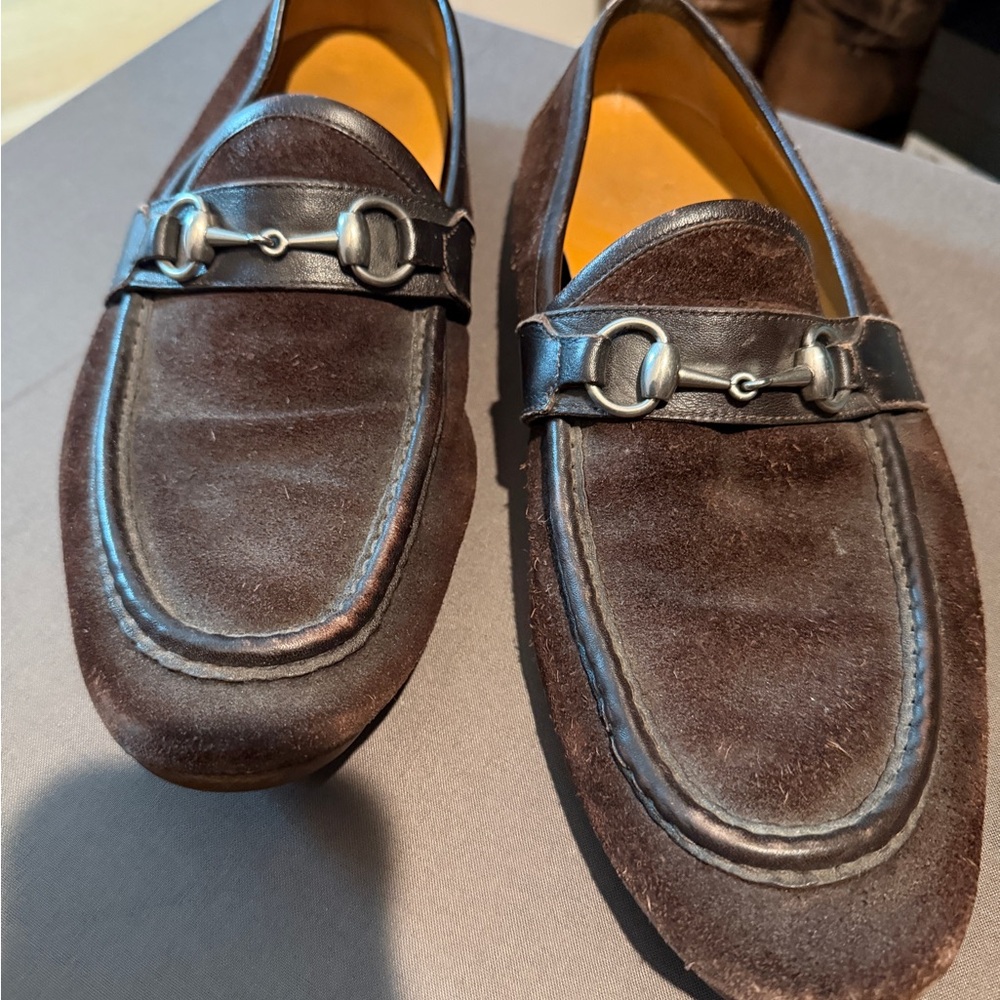Gucci Dark Brown Suede Loafers with Metal Detail